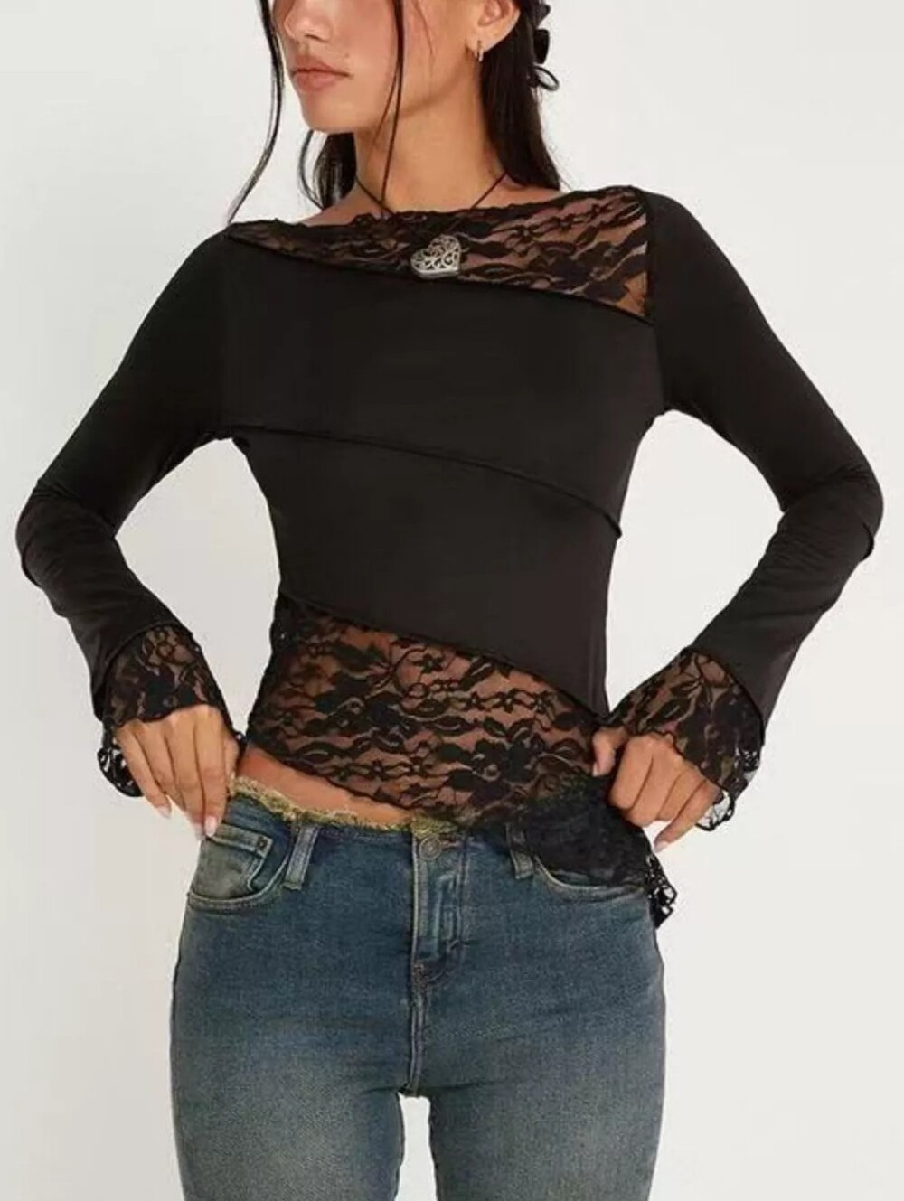 🌸Black Asymmetrical Lace Trim Long Sleeve Shirt